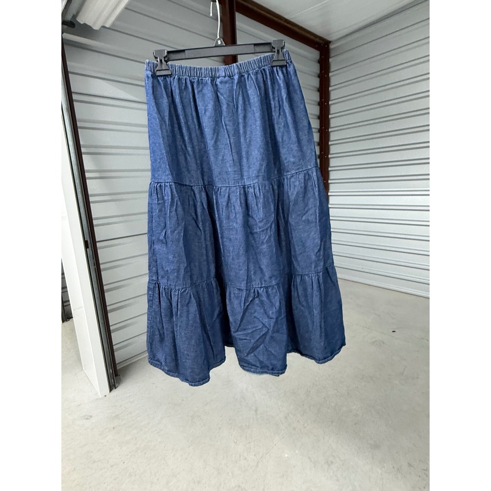 CW Classics Women Blue Denim Tiered Maxi Skirt 100% Cotton Elastic Waist Med